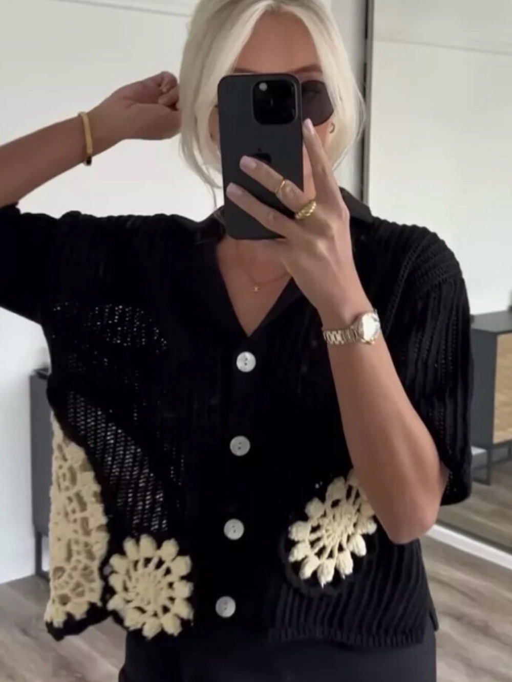 Zara Black Short-Sleeve Cardigan with Cream Crochet Medallions